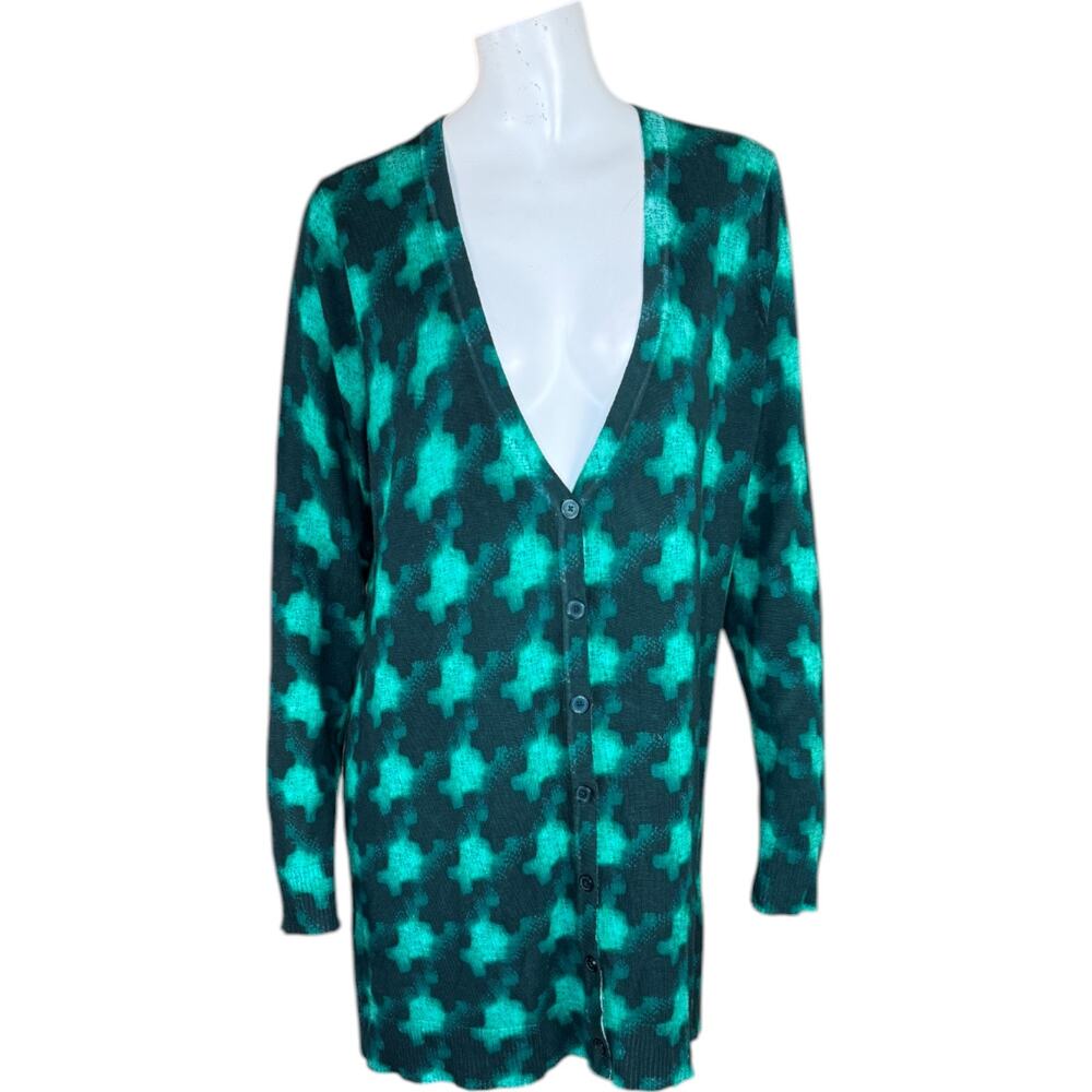 Isaac‎ Mizrahi Live! Women’s Green Houndstooth Cardigan Size L Button-Down